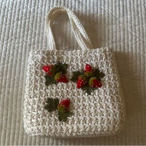 Vintage Strawberry Embellished White Woven Bag